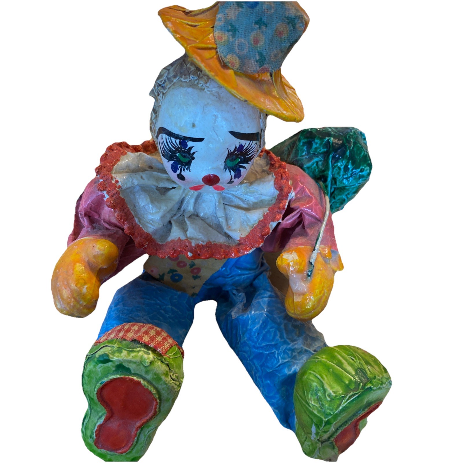 Vtg Handmade Paper Mache Sad Clown Circus Figurine w/hat No Balloons 1970’s