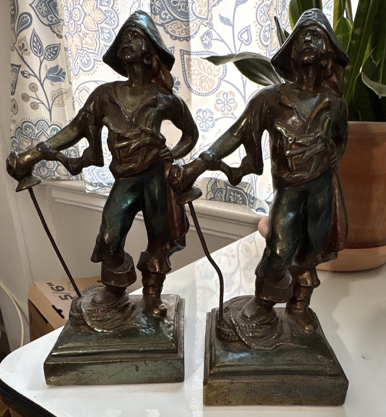 Paul Herzel Antique Pompeian Bronze Pirate Sculpture Bookends – Signed – Set