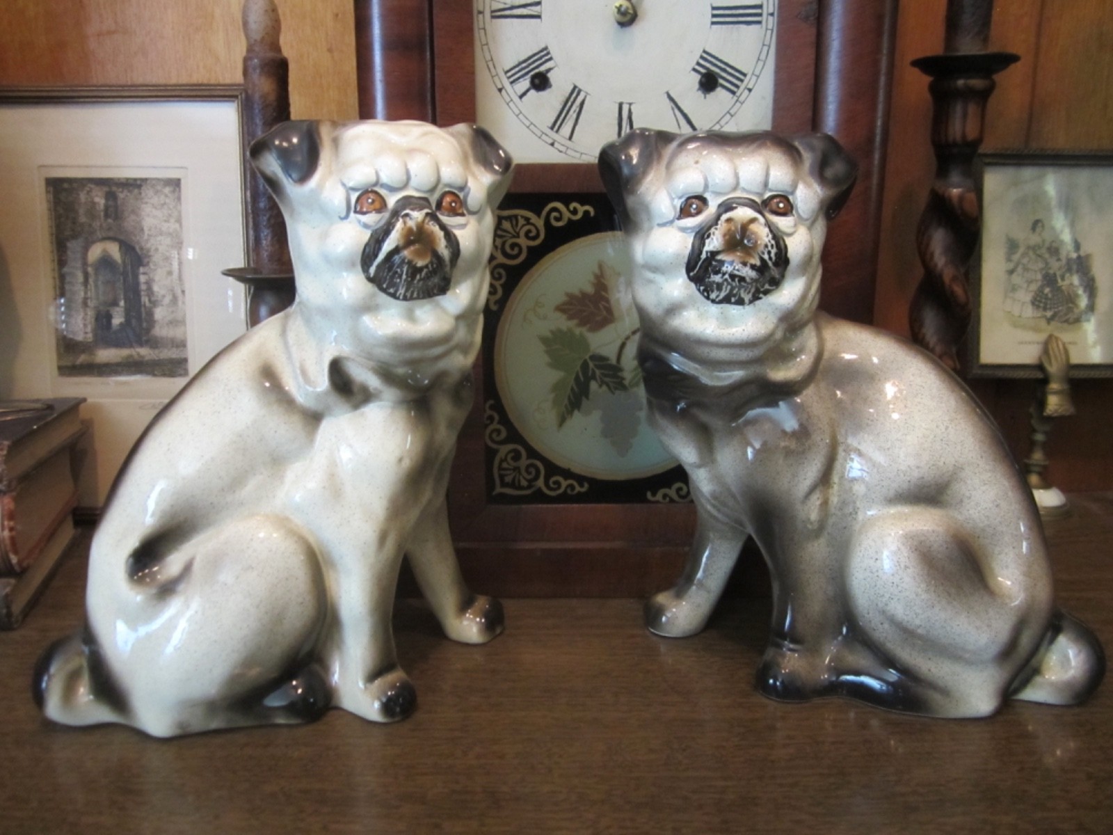 Pair 2 Vintage English Staffordshire Style Porcelain Pug Dog Mantel Figurines 9″