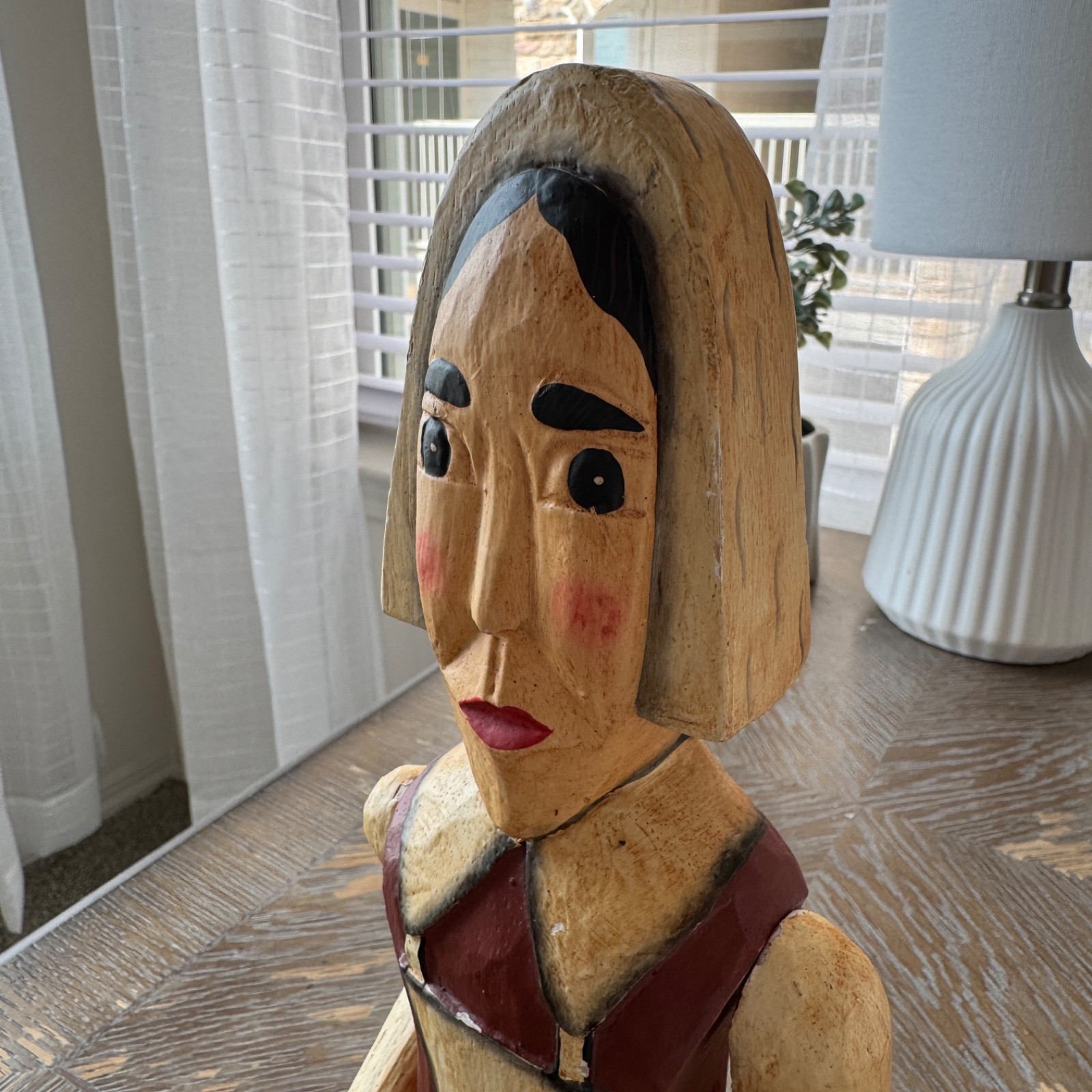 Vintage Hand Carved Wooden Female Pilgrim Jointed Figure Hang Off Mantle 16″