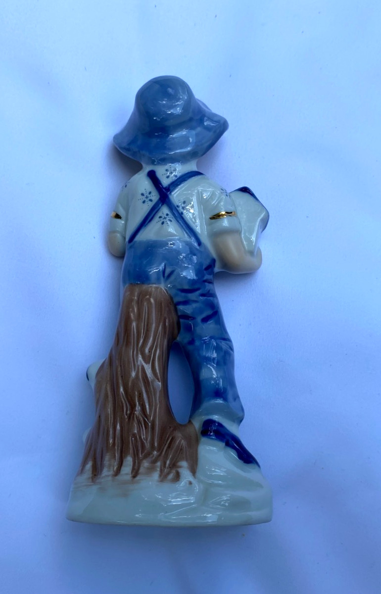 Vintage Figurine Porcelain Little Farm Boy Hat Bird House Dove White Blue Gold