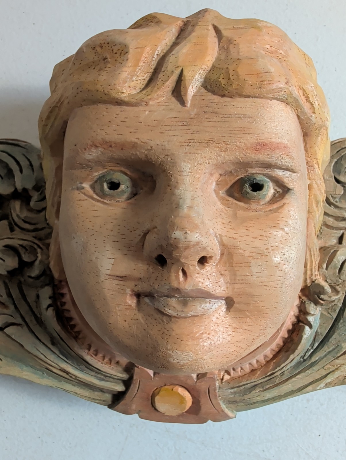 Vintage Hand Carved Solid Wood Angel Cherub Wall Plaque 19×7 Architectural Decor