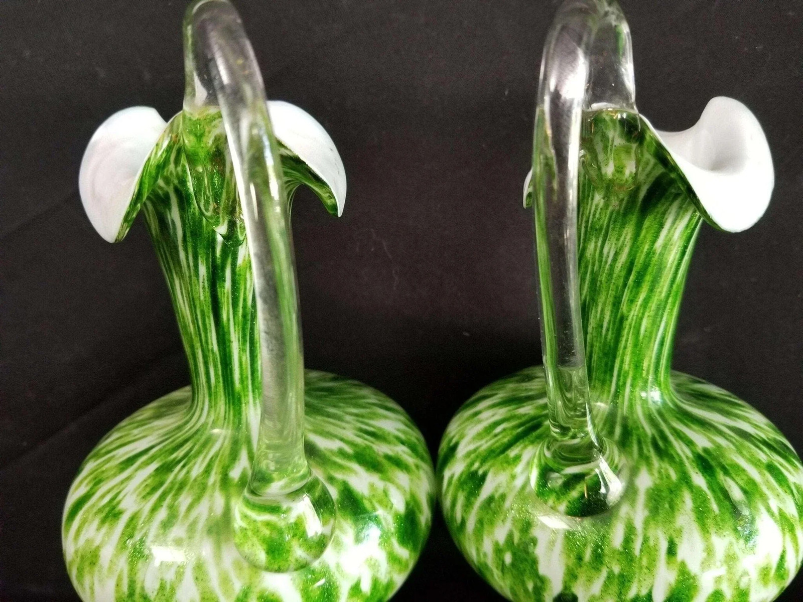 Green Spangle Glass Ewers Green white Mica Flecks c.1890 9″