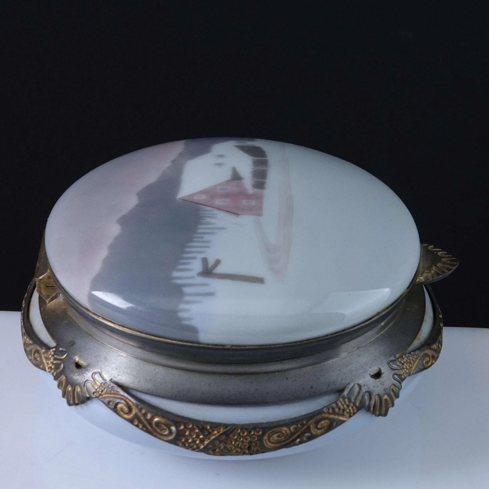 c1920 Mounted Porcelain Dresser Box hand painted under glaze