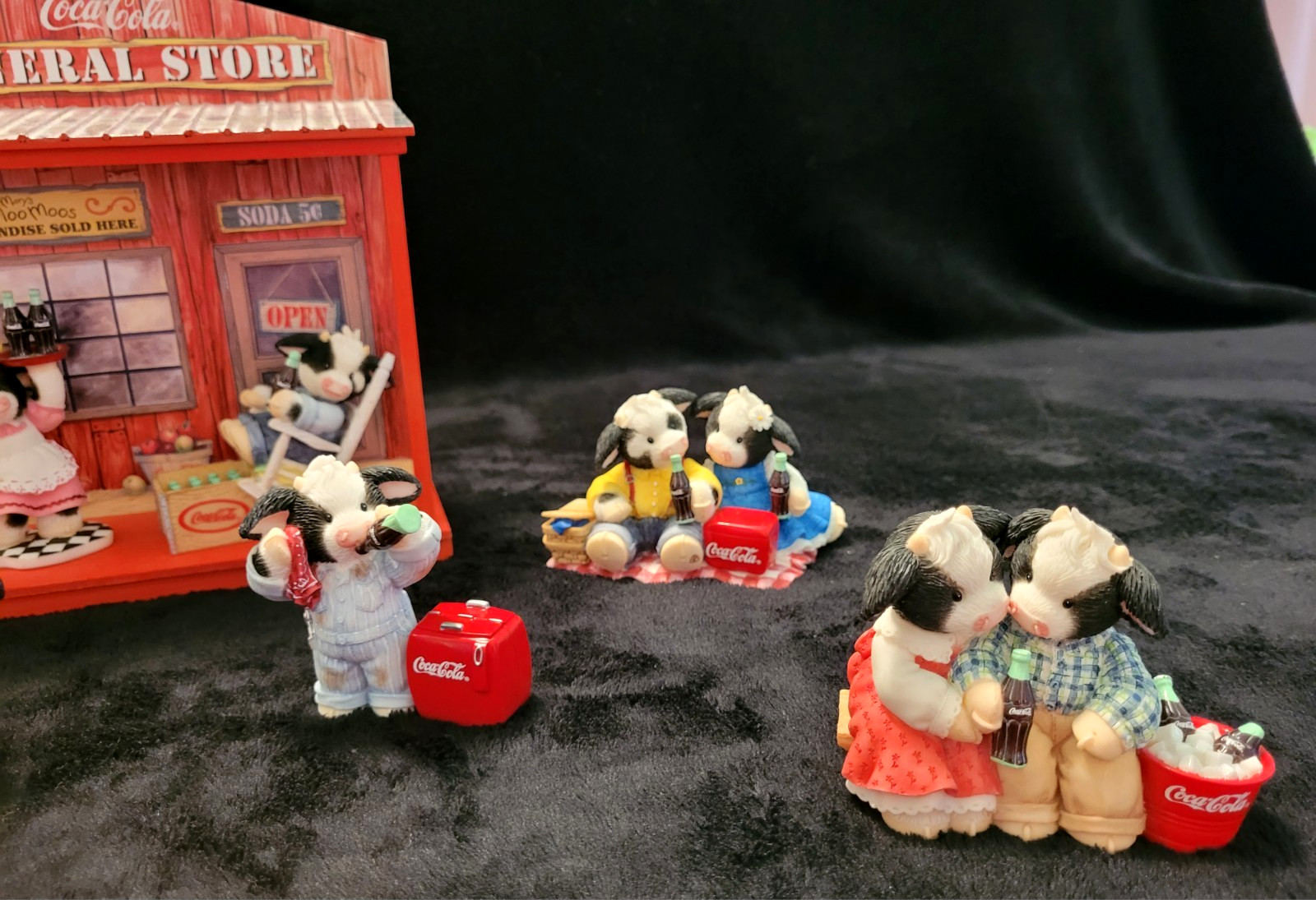 Vintage ENESCO Mary Moo Moos Coca Cola Collectables Bundle With Display Stand