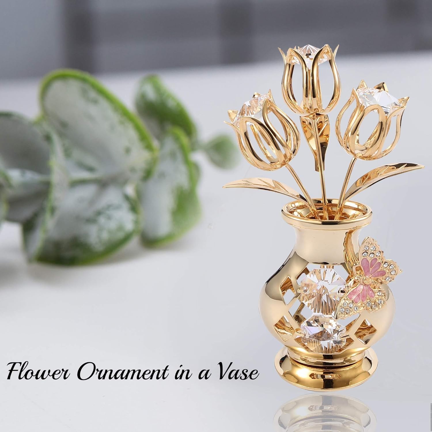 24K Gold Plated Crystal Flower Figurine with Clear Crystals & Butterfly – Lux…