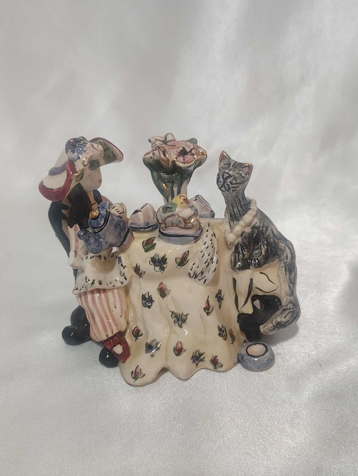 Blue Sky Clayworks Lady Tea Party Serving Gray Kitty Cat By Heather Goldminc