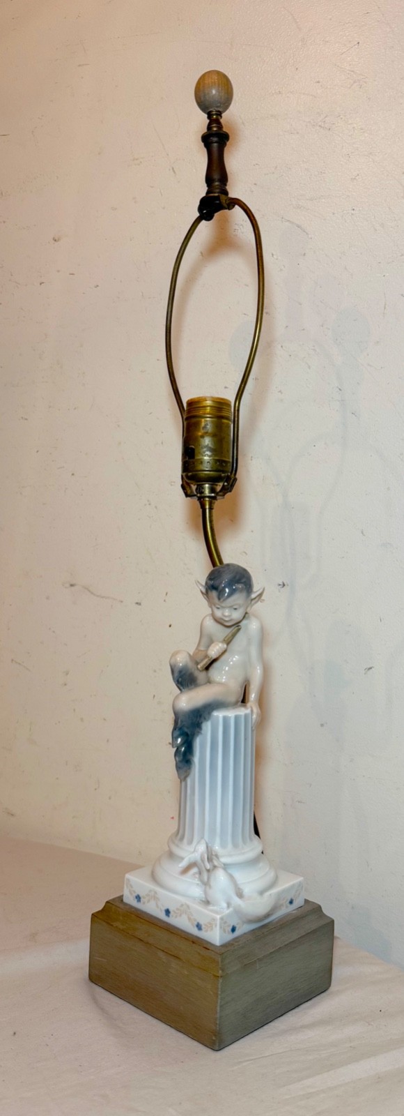 Vintage Royal Copenhagen Satyr Faun Child Perched on Column w Rabbit table lamp