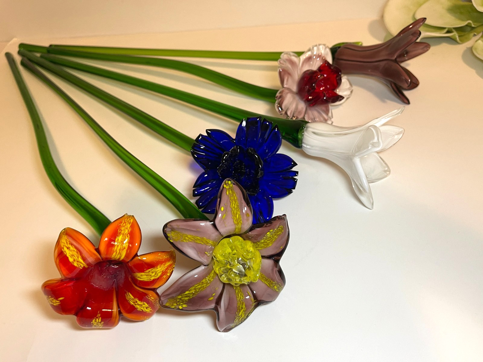 Set of 6 – 19″ Long Stem Multi-Color Glass Flower – Murano Hand Blown Glass #30