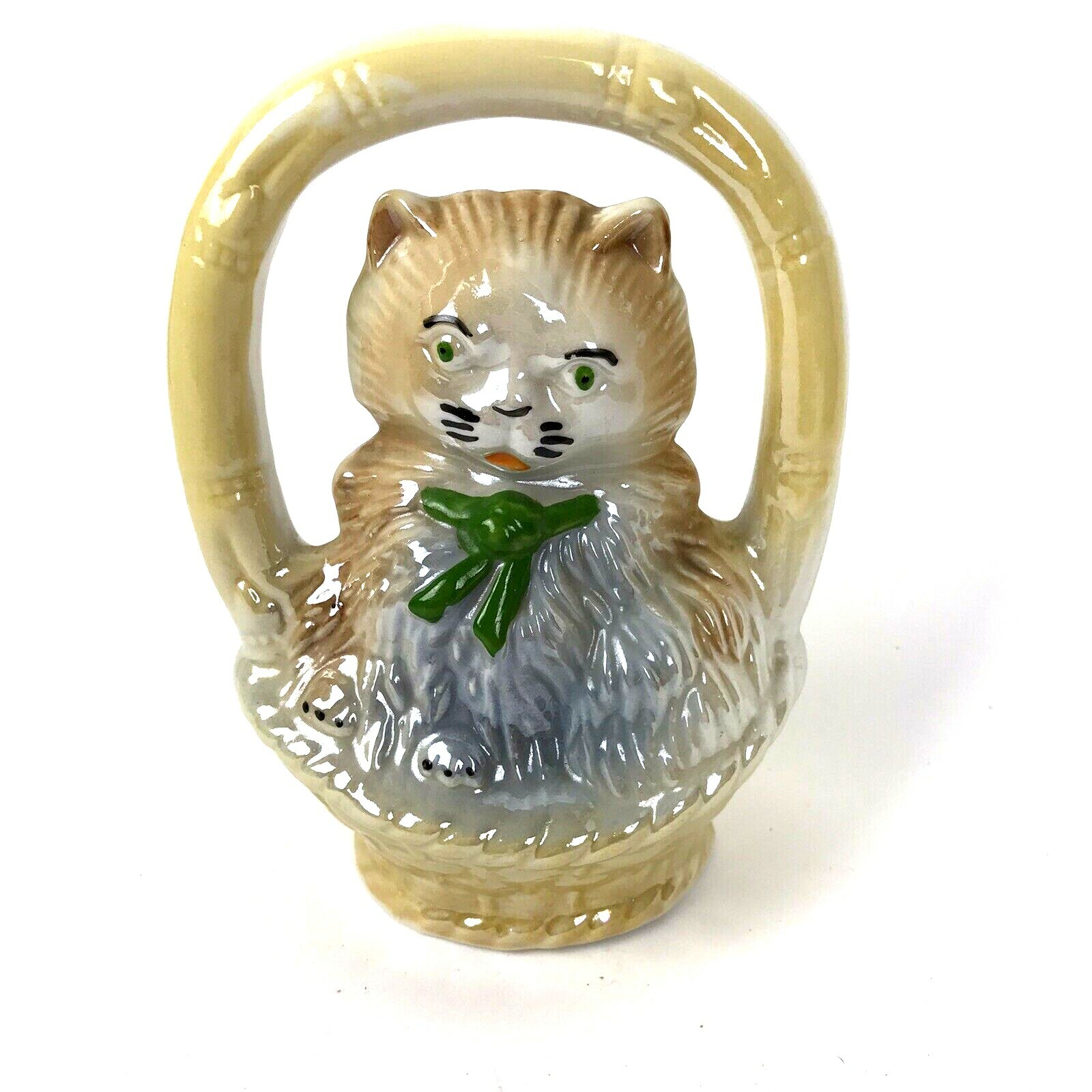 Vintage Kitty Cat in Basket FIGURINE Iridescent Lusterware Glaze Ceramic Brazil
