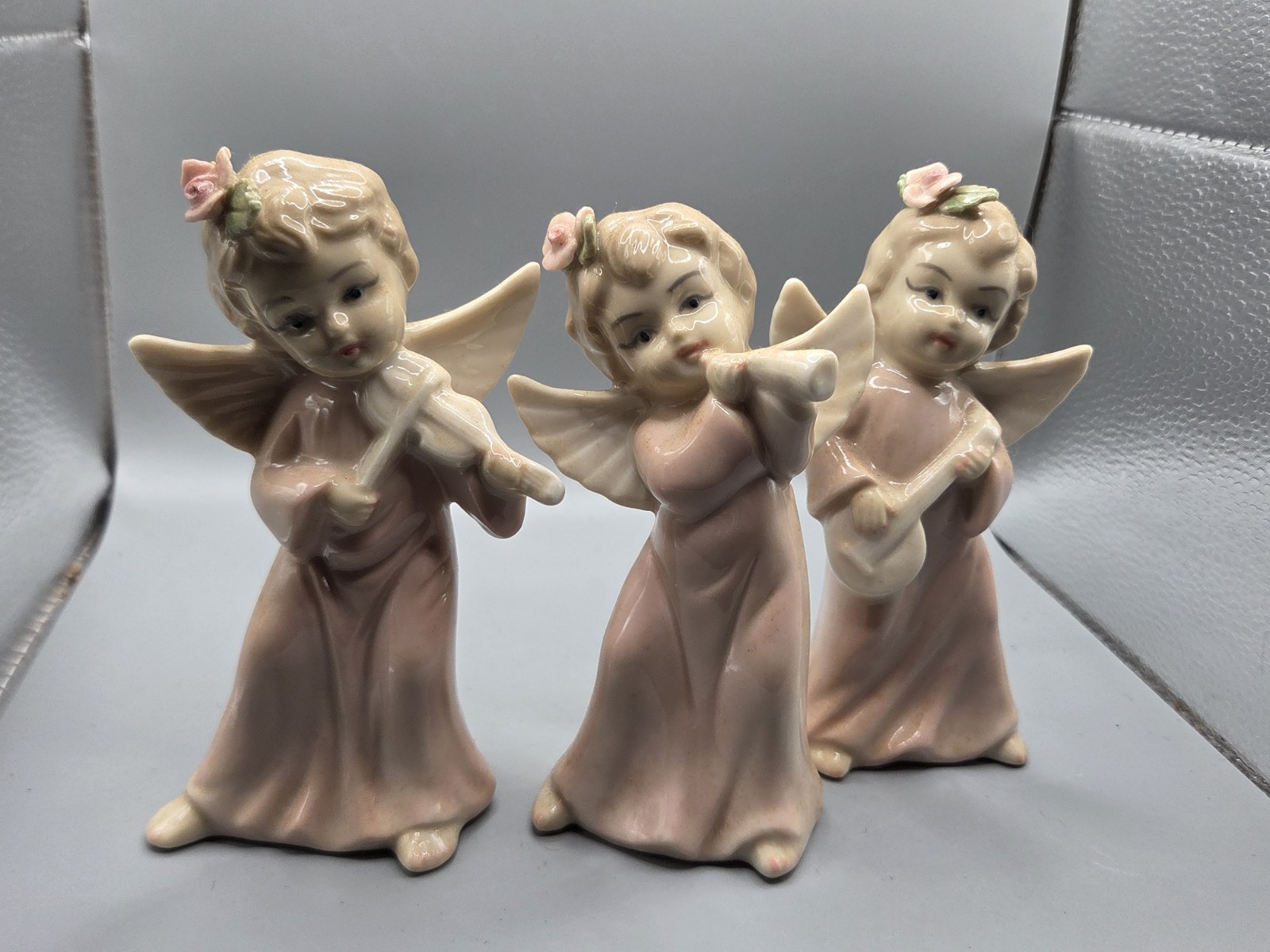 Vtg Lot Lefton? Cherub Girls Angels Singing/ Playing Music Figurines 1950s Trio