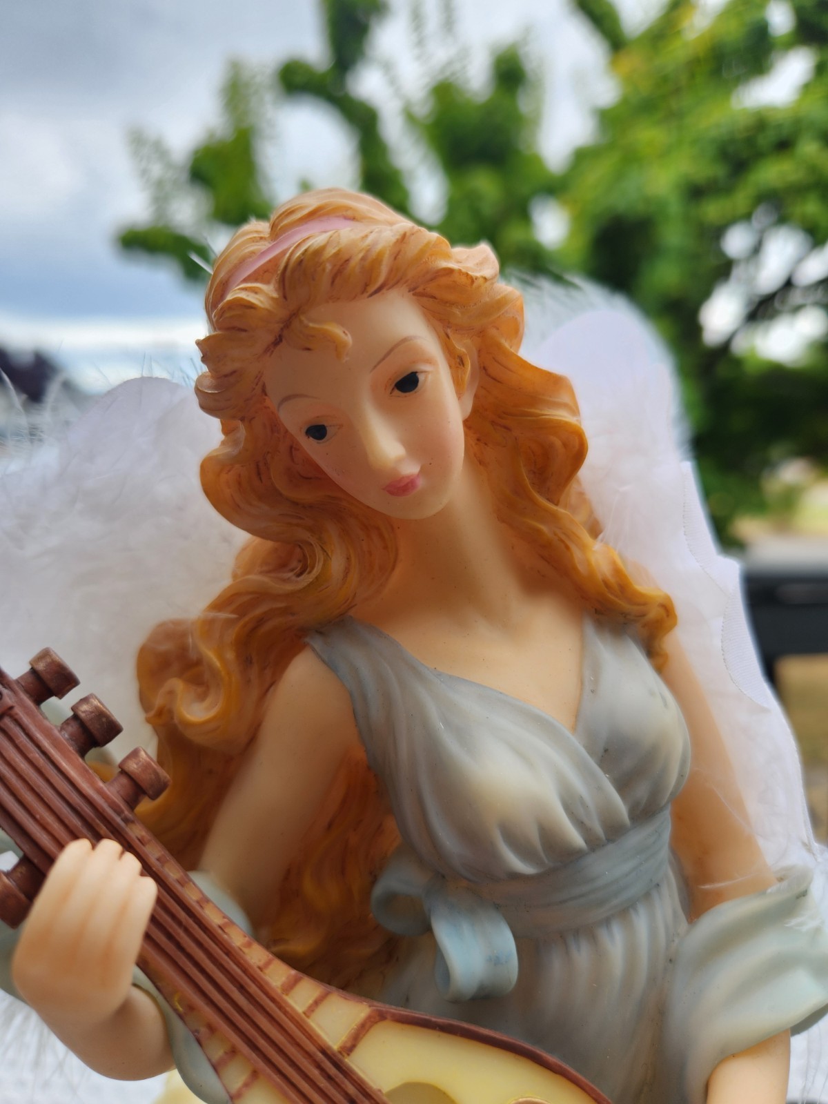 Vintage Fiber Optic Angel Playing Mandolin Lighted Works Resin Spiritual