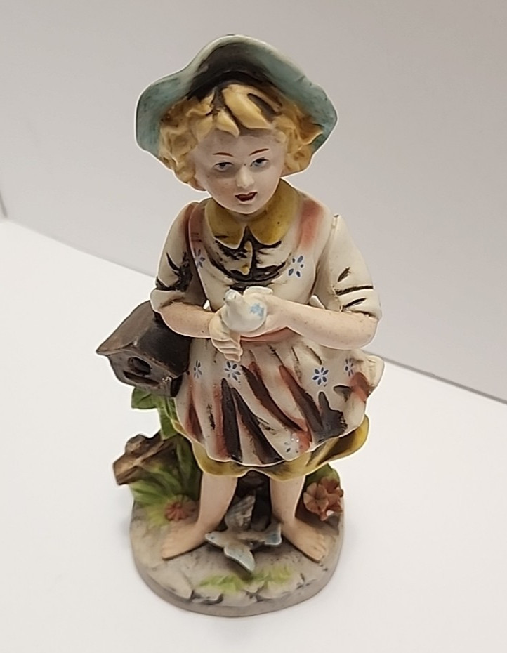 Homco Girl with bird Bisque Porcelain figurines #8880 Collectible Birdhouse 7.5″
