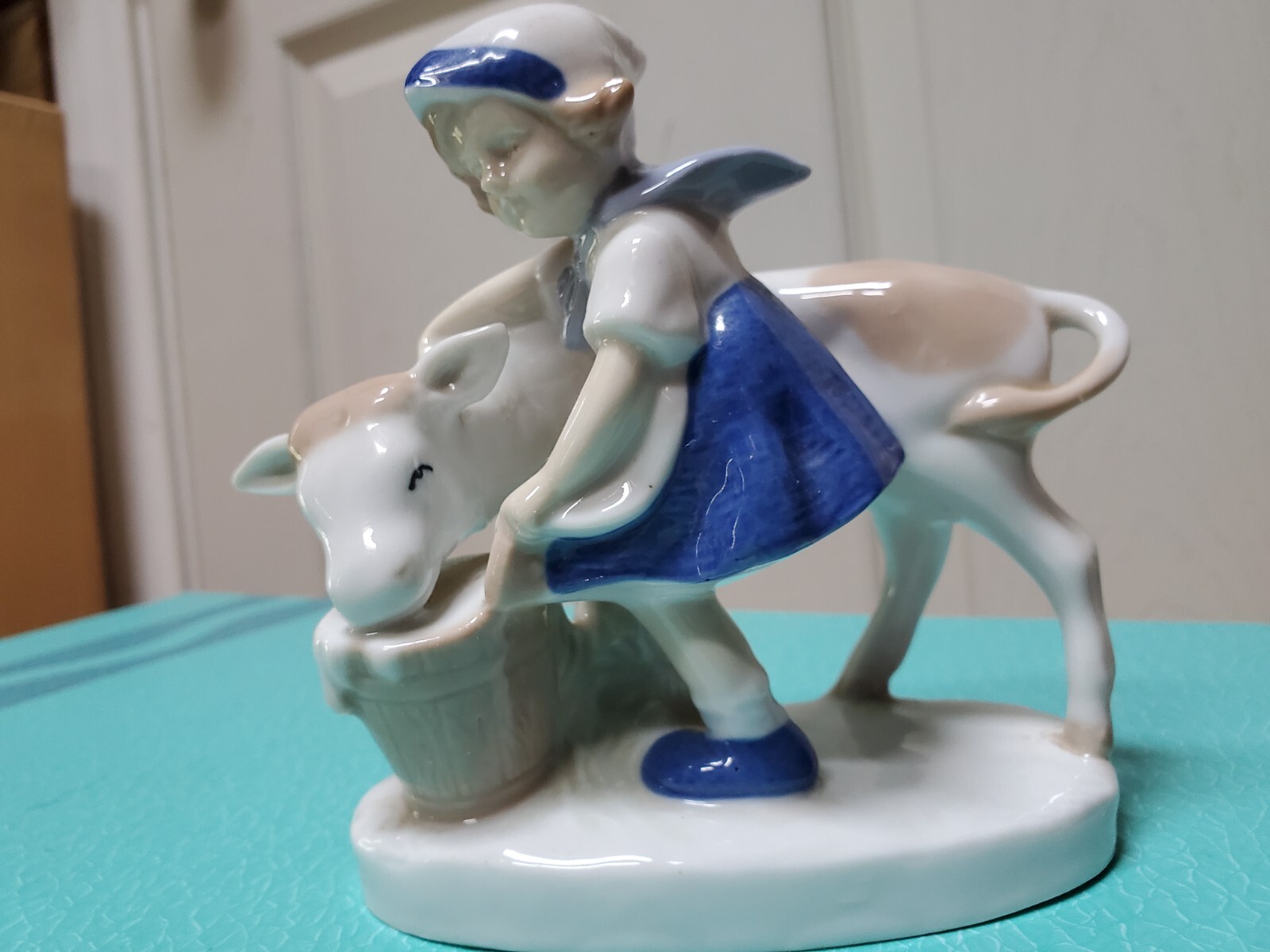 Carl Schneiders Erben Porcelain Girl Feeding Cow Milk Germany 1859 Scissor Mark