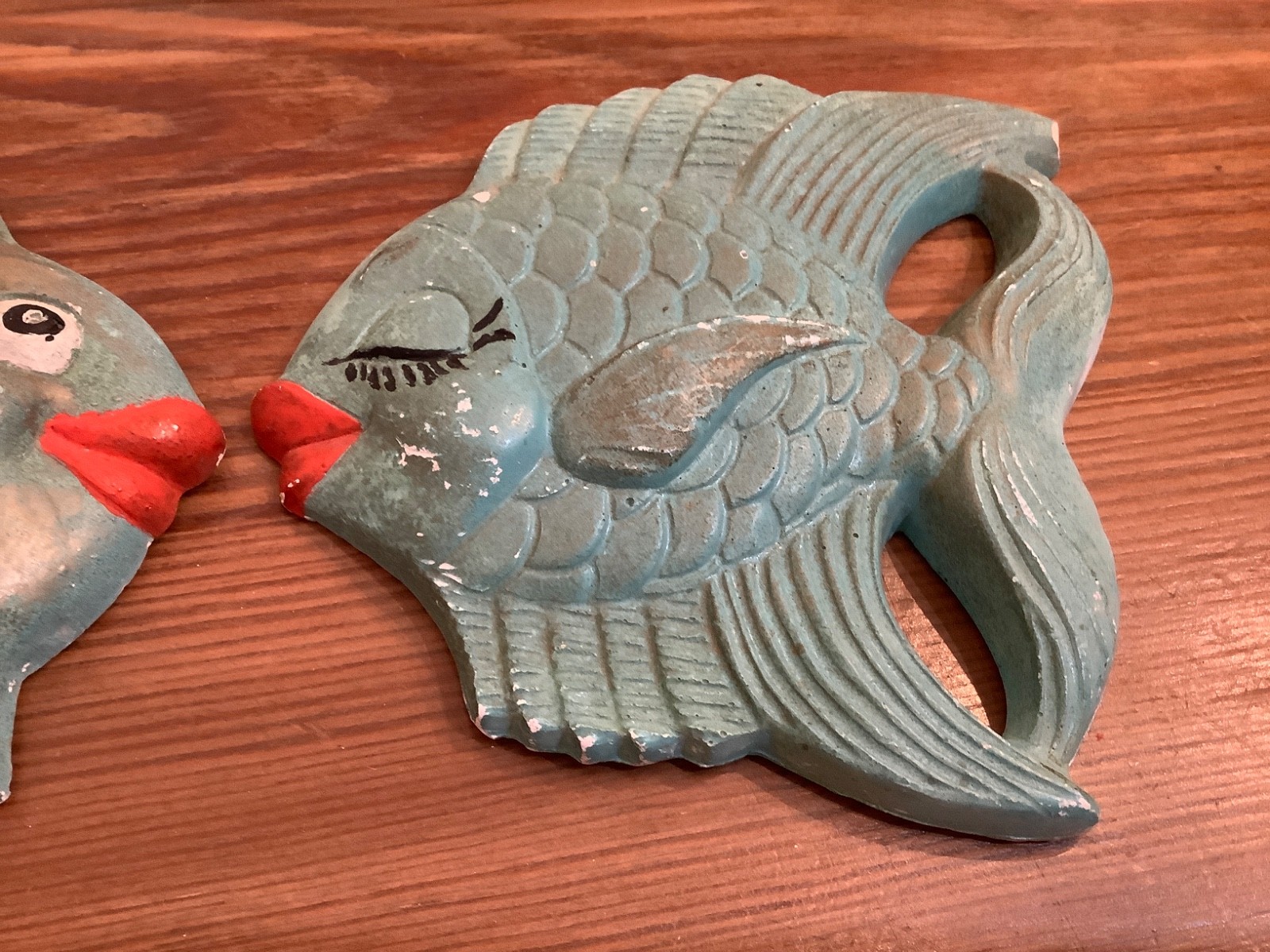 Vintage Blue Chalkware Kissing Fish 1954 Miller Studios Wall Decor MCM as is