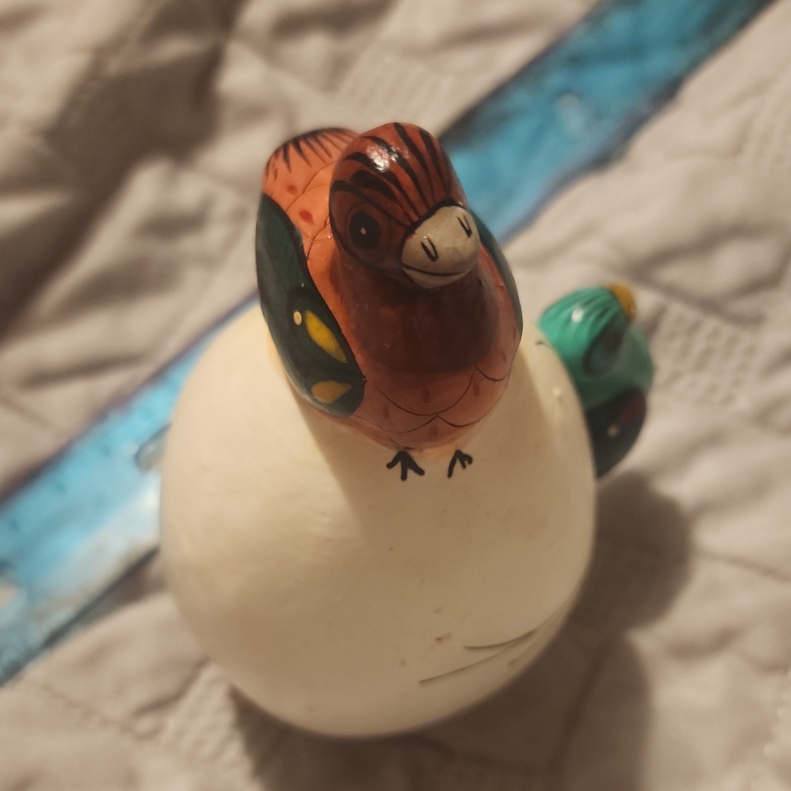 Hand Painted Wood Bird Figurine on White Egg, Glossy Finish, Brown/Green