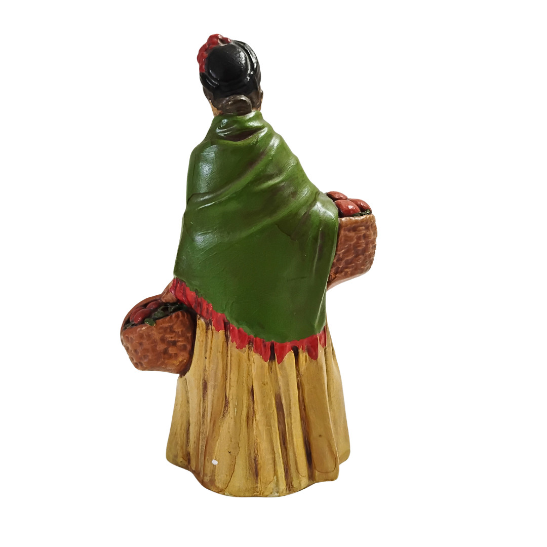 Vtg Wood Carving | Old Woman Carrying Apple Baskets | 8″ | Numbered on Bottom
