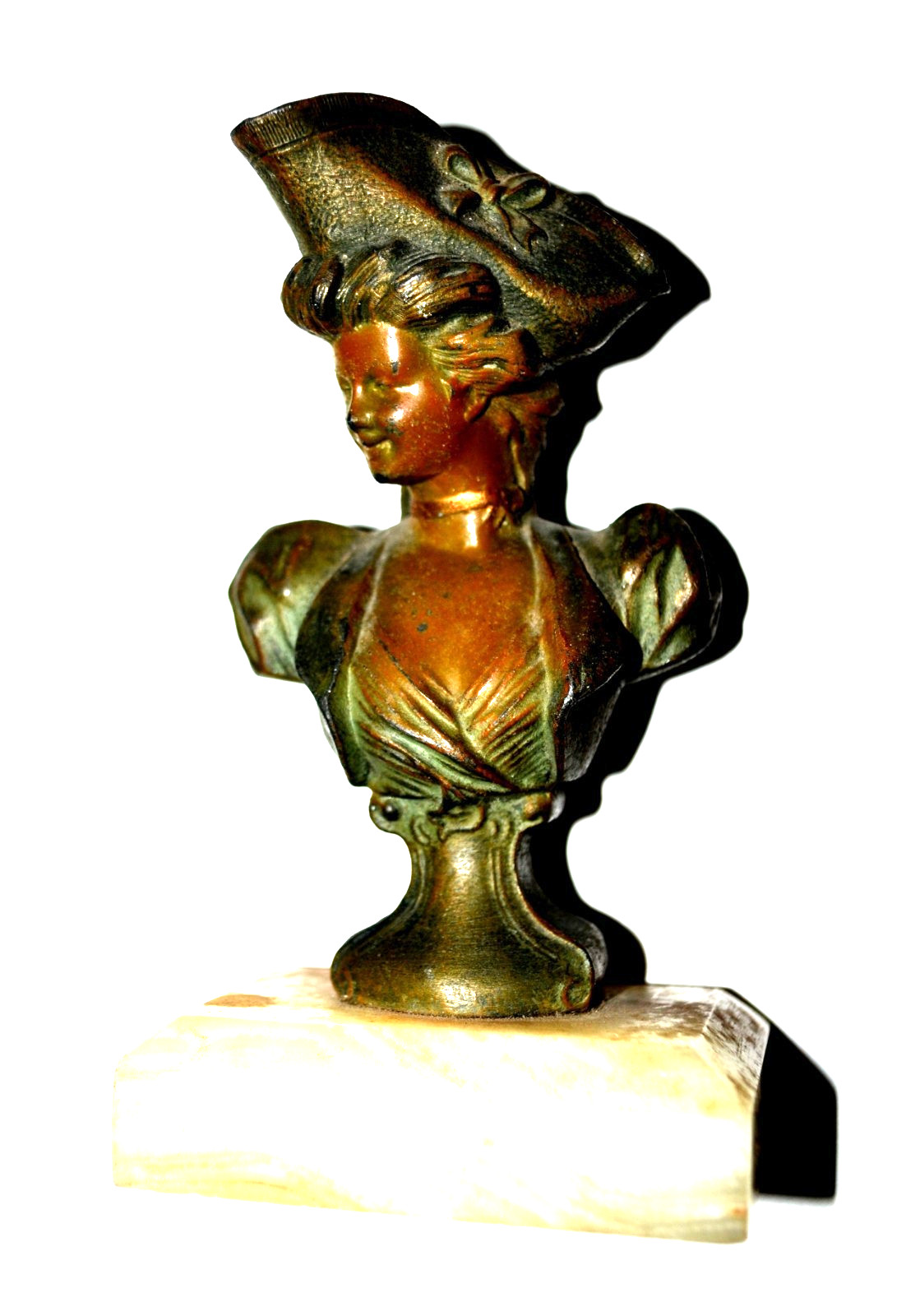 VINTAGE METAL BUST — LADY WITH A HAT MOUNTED ON A STONE BASE –4.75” TALL