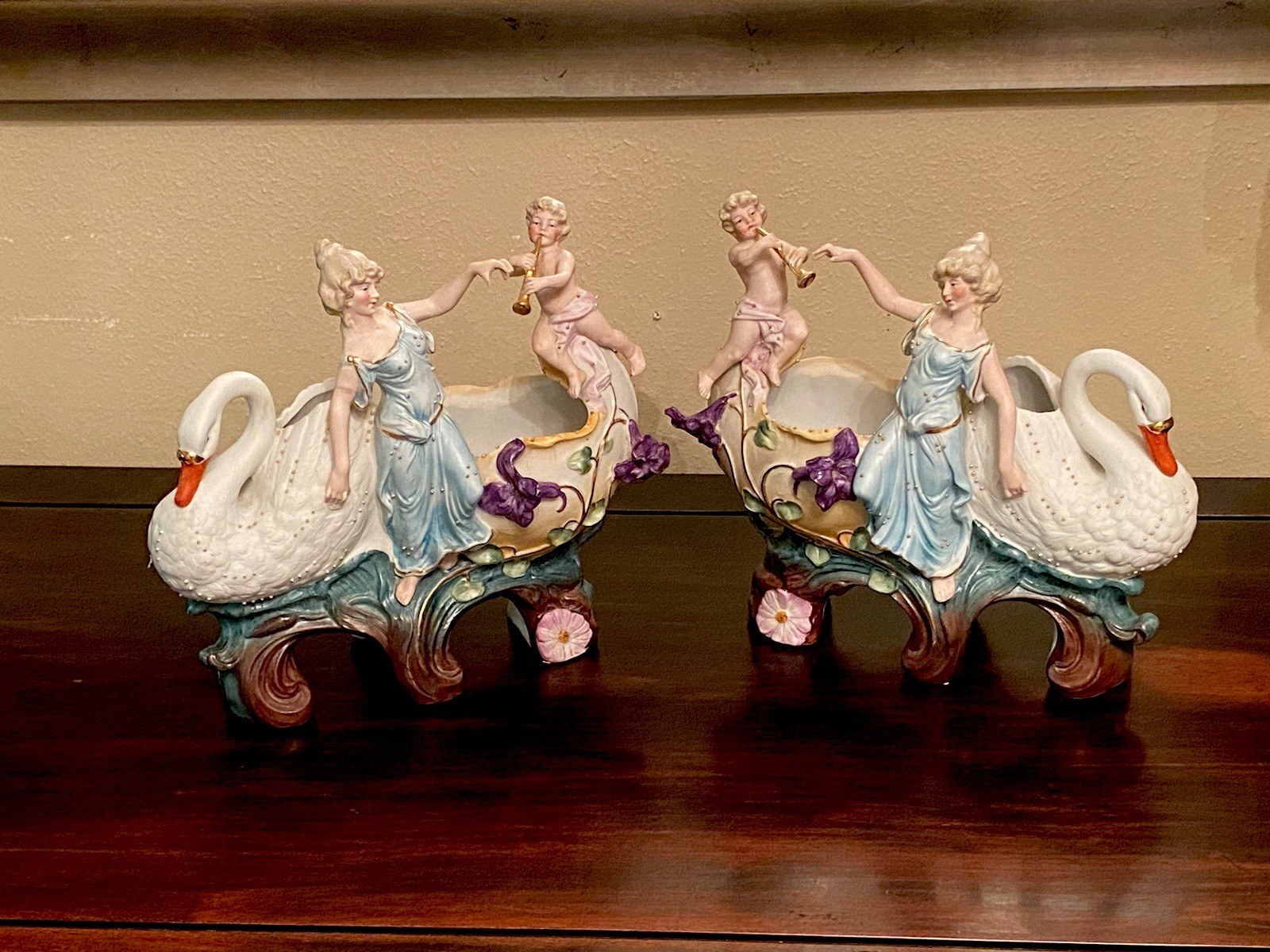 2 German Vintage Bisque Cherub Swan Lady Porcelain Planters 2373 Antique