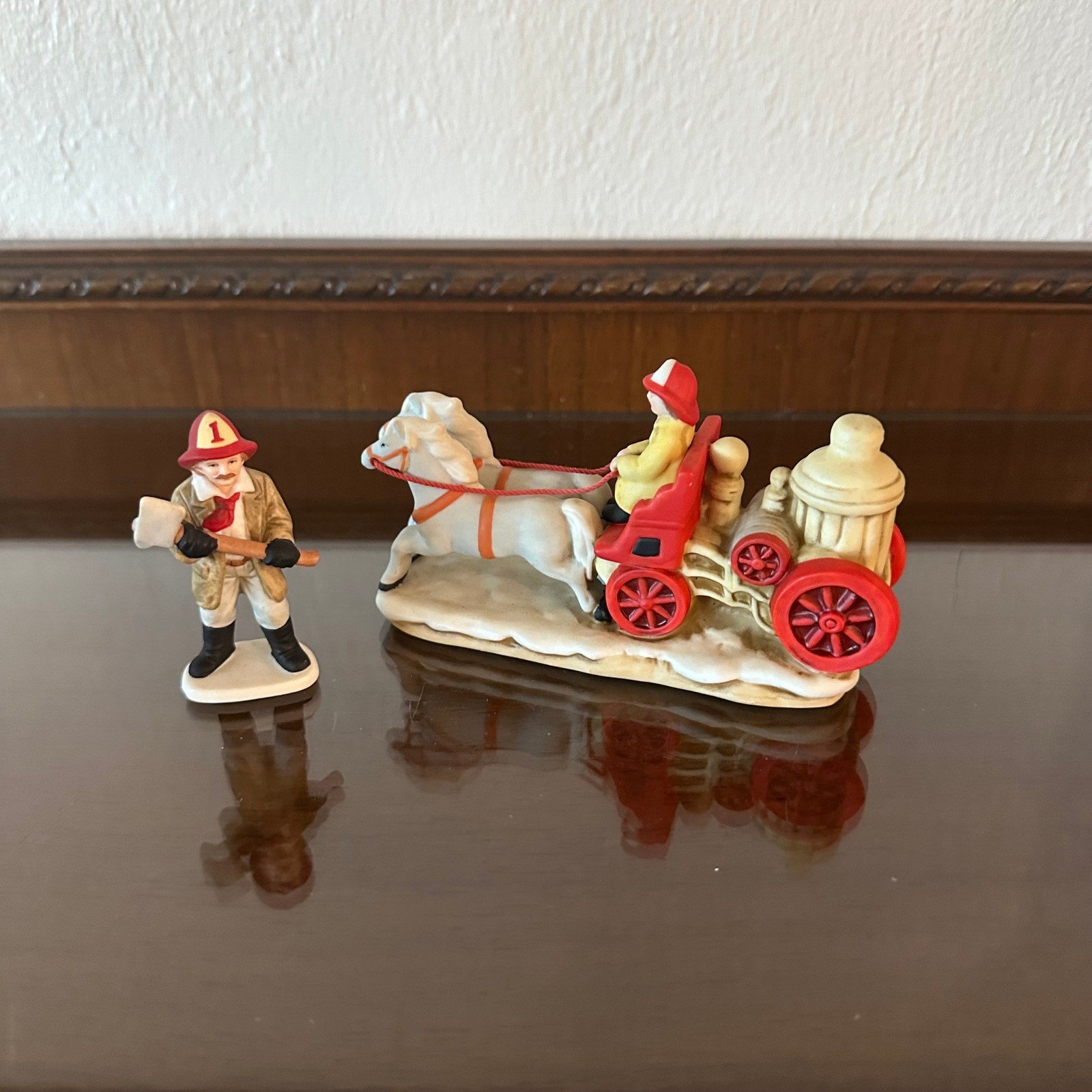 Vintage Lefton Colonial Village Fire Pumper 06458 & Fireman 07331 Figurines Set