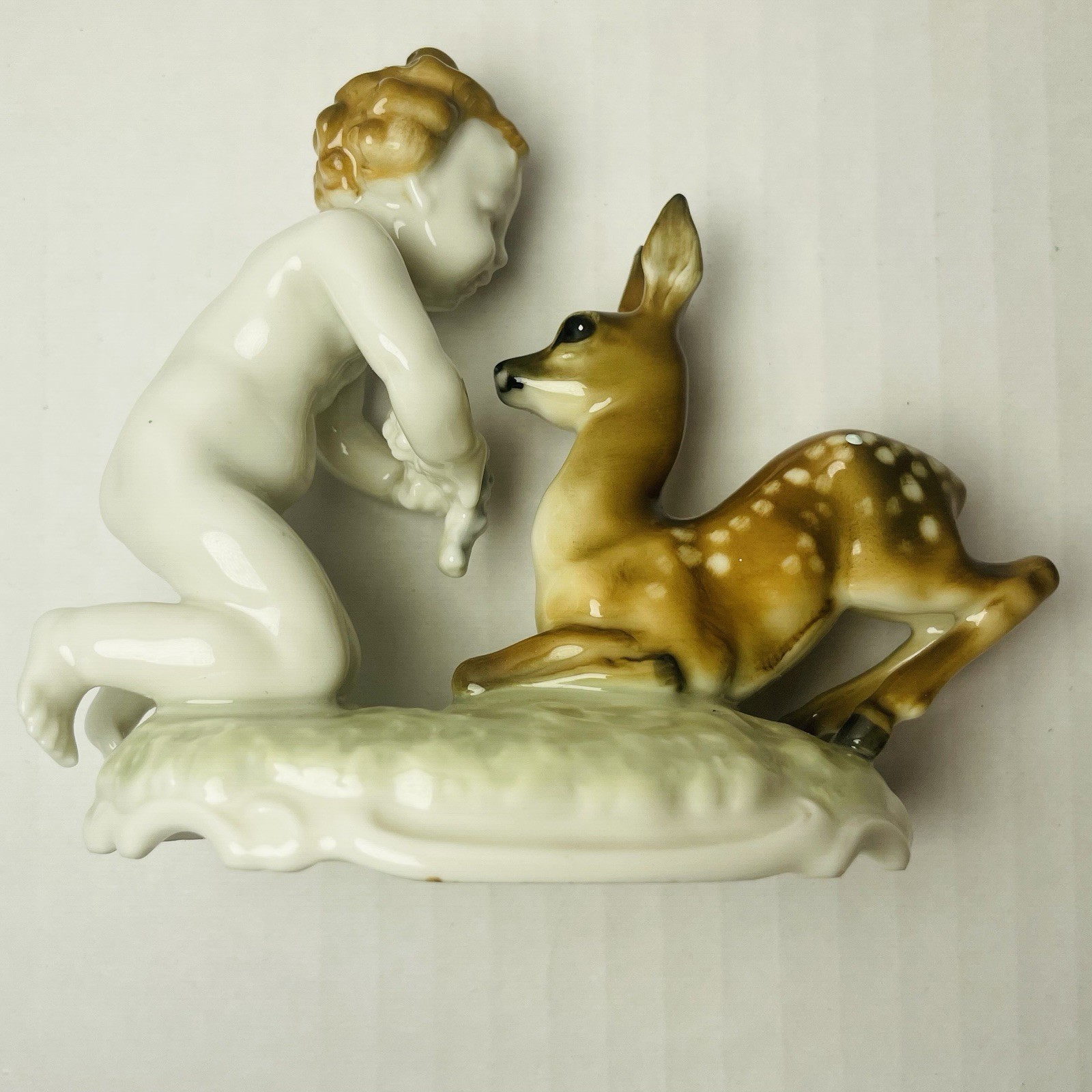 Hutschenreuther Kunstabteilung Cherub w/ Fawn Germany Porcelain Figurine Painted
