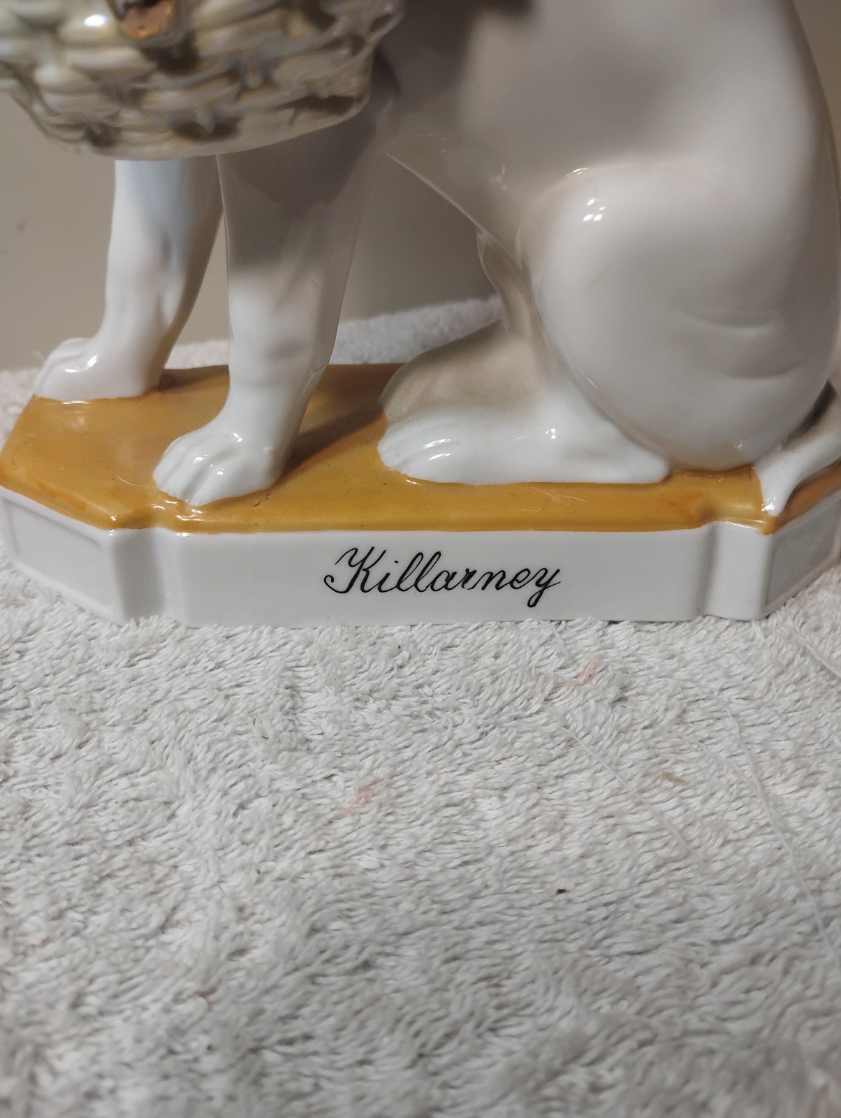 Antique Heubach or Grafenthal Porcelain French Bull Dog w Basket of 2 Gold Pups
