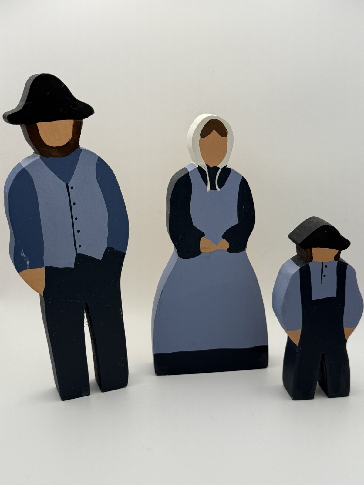 Amish Family Figures Wooden Primitive Hand Painted 3 Piece Set Freestanding Wood
