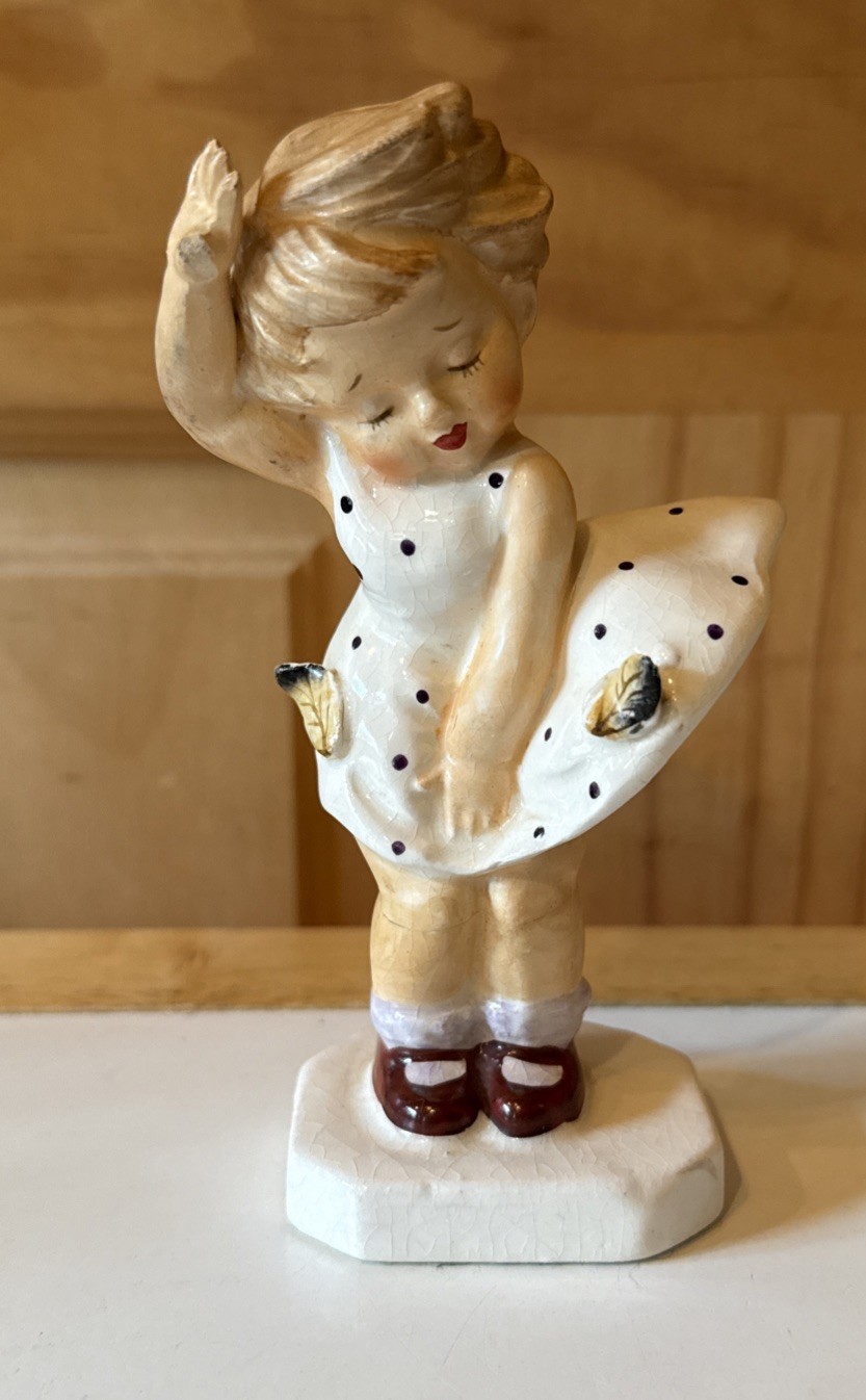 Napco Windy Days Girl Ceramic Figurine Windswept Girl 1956 HTF POLKA DOTS L@@K