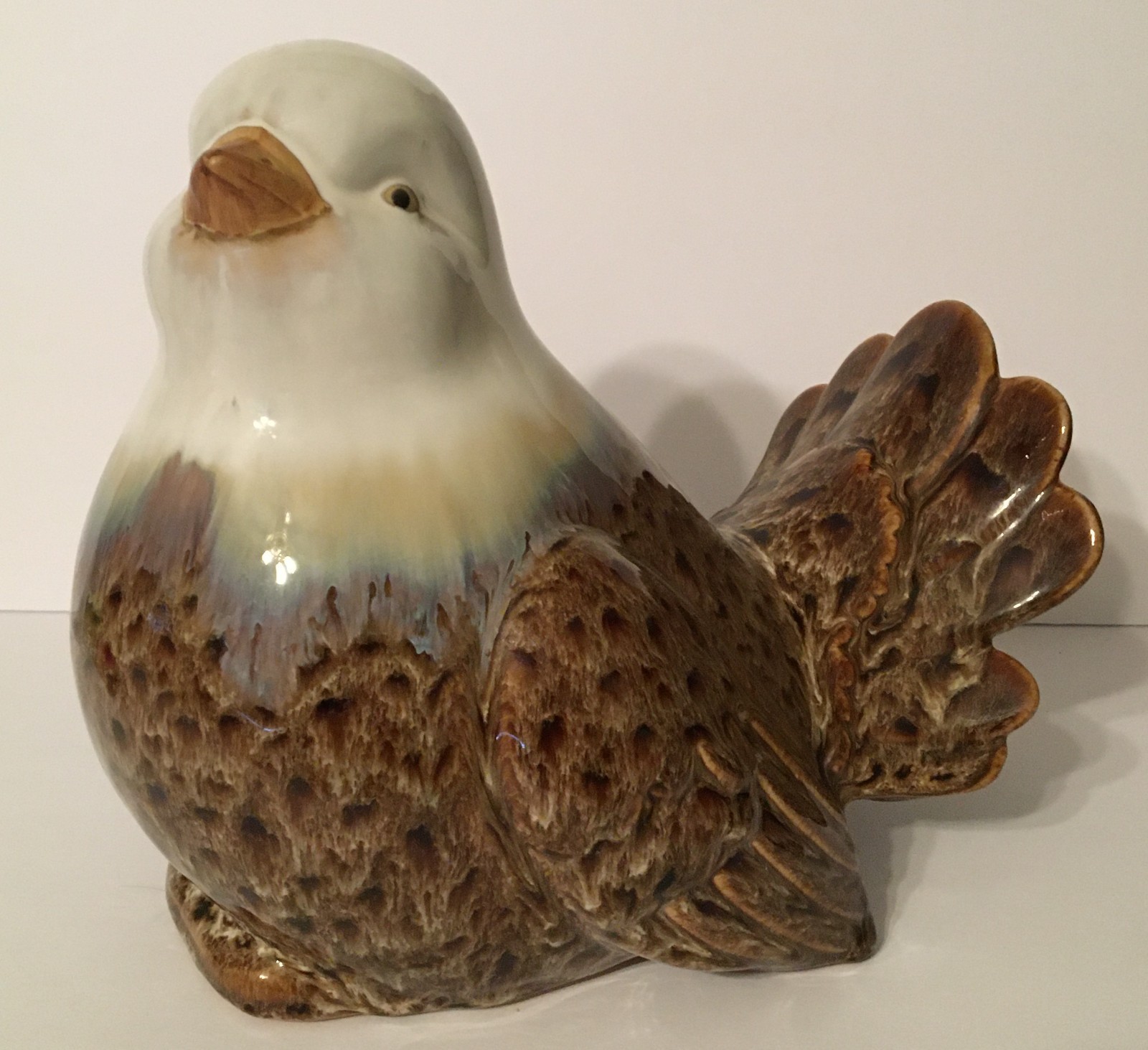 Large Ceramic White & Brown Bird Statue Figurine 9″ x 9″