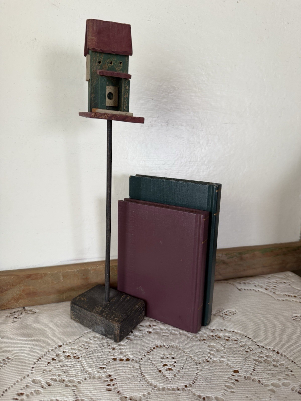 Primitive Bird House Figurine Carved Wood Miniature on Stand 11.5″/Wooden Books
