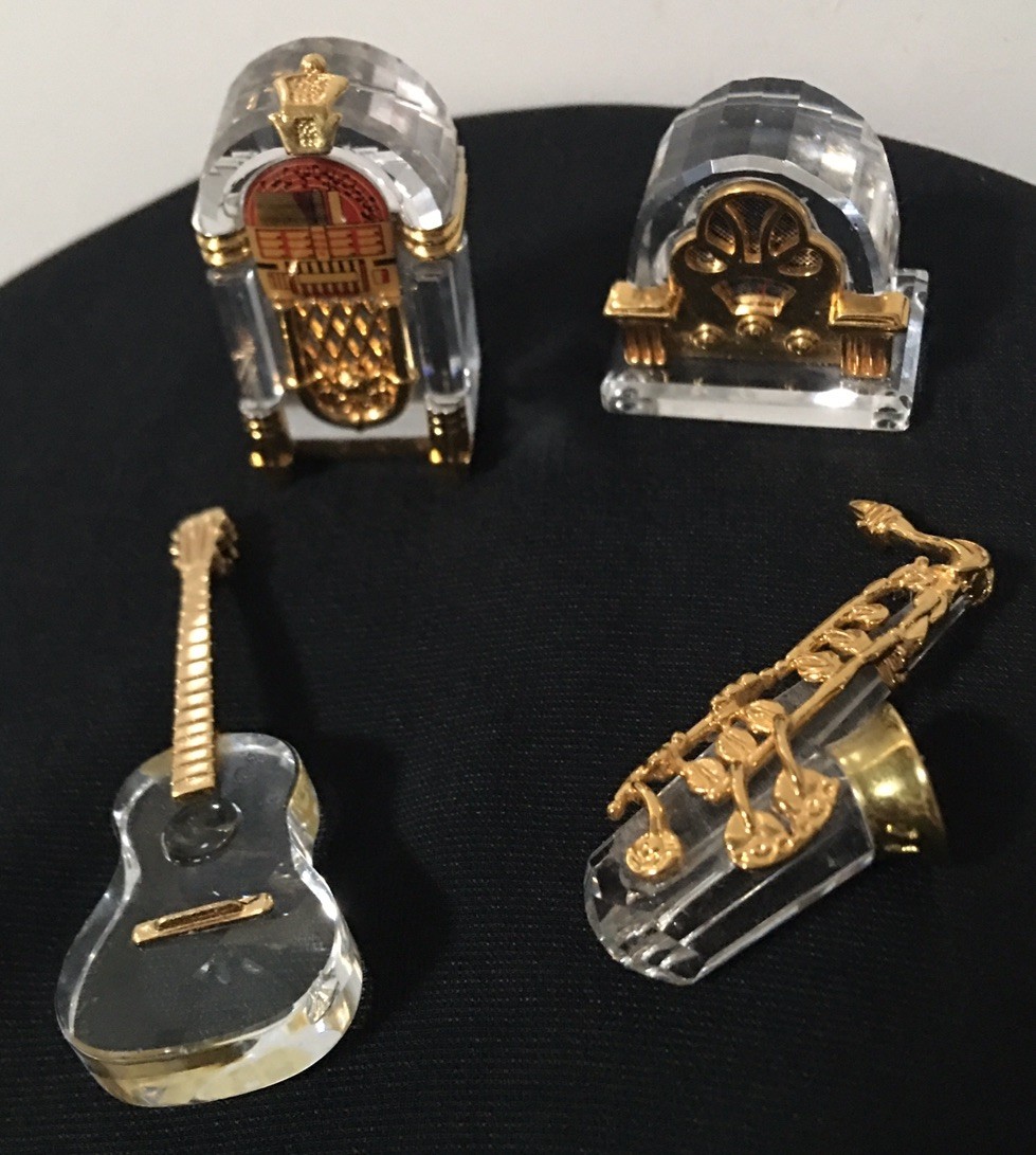 Swarovski Crystal 4 Pc. Music Set Guitar Saxophone Radio Jukebox Miniatures Lot