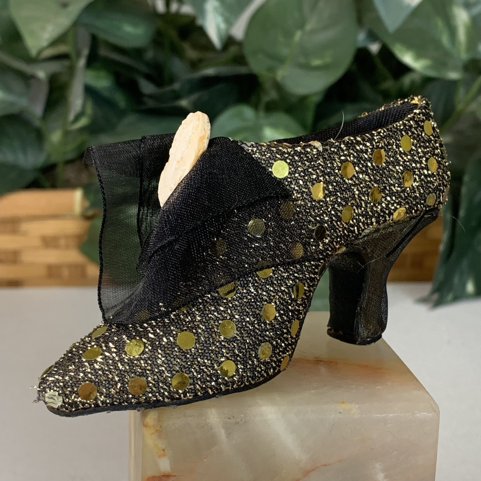 Miniature Victorian Shoe High Heel Slipper Sequins Cameo Bow Glam Decoration 4.2