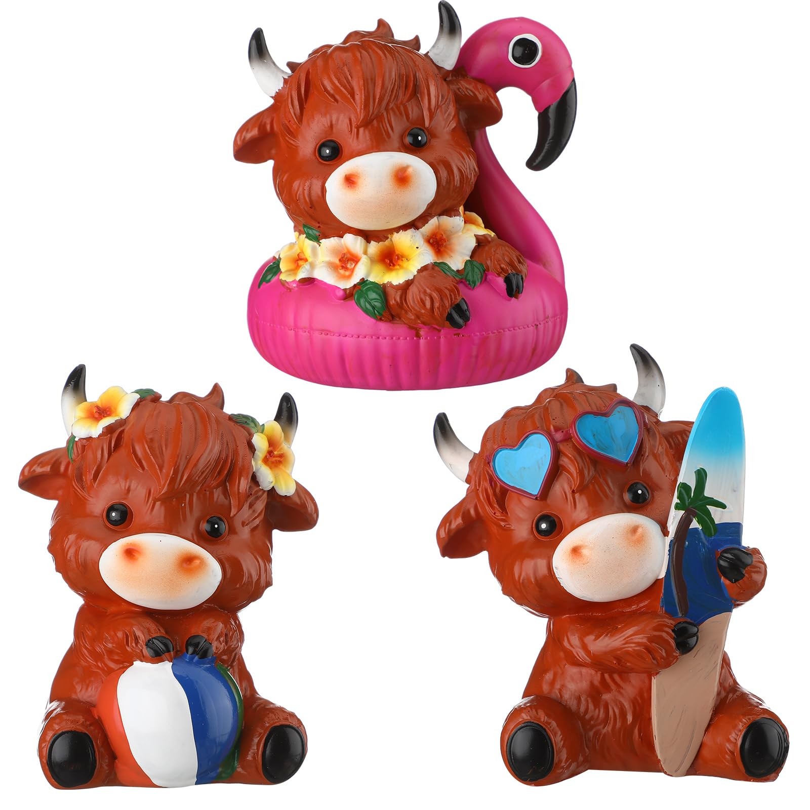 3 Pcs Highland Cow Figurines Summer Beach Seaside Coastal Highland Cow Gnomes…