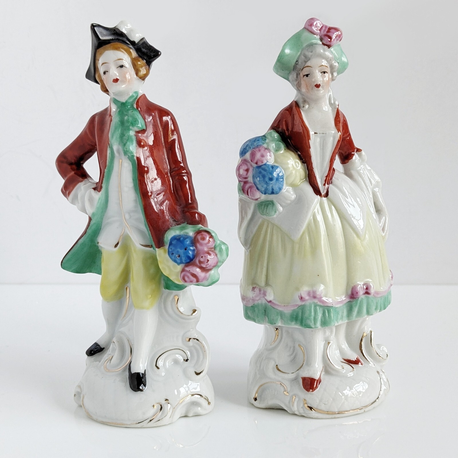 Matching Couple In Colonial Dress With Bouquets Porcelain Figurines Japan 1950s