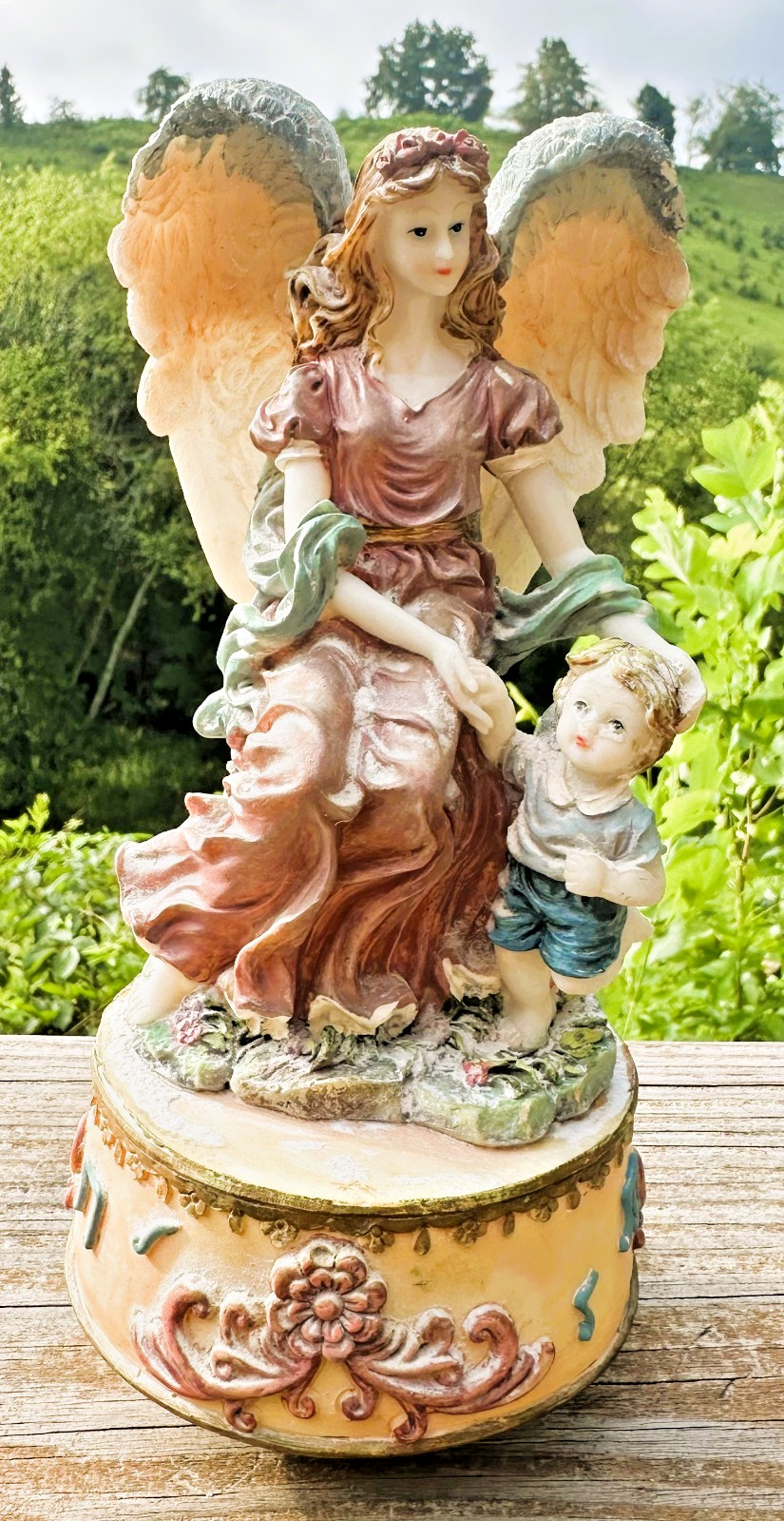 Angel w/Child Figurine Rotating Music Box Resin 8.5″ Tall Blue White Wings