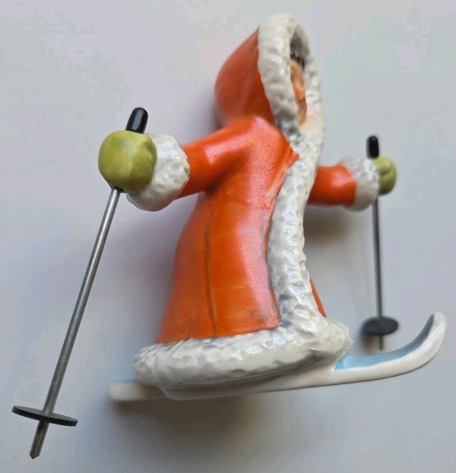 Vintage Goebel Snow Skier 11 701 Winter Girl TMK4 1972-1979 Metal Poles Red Coat