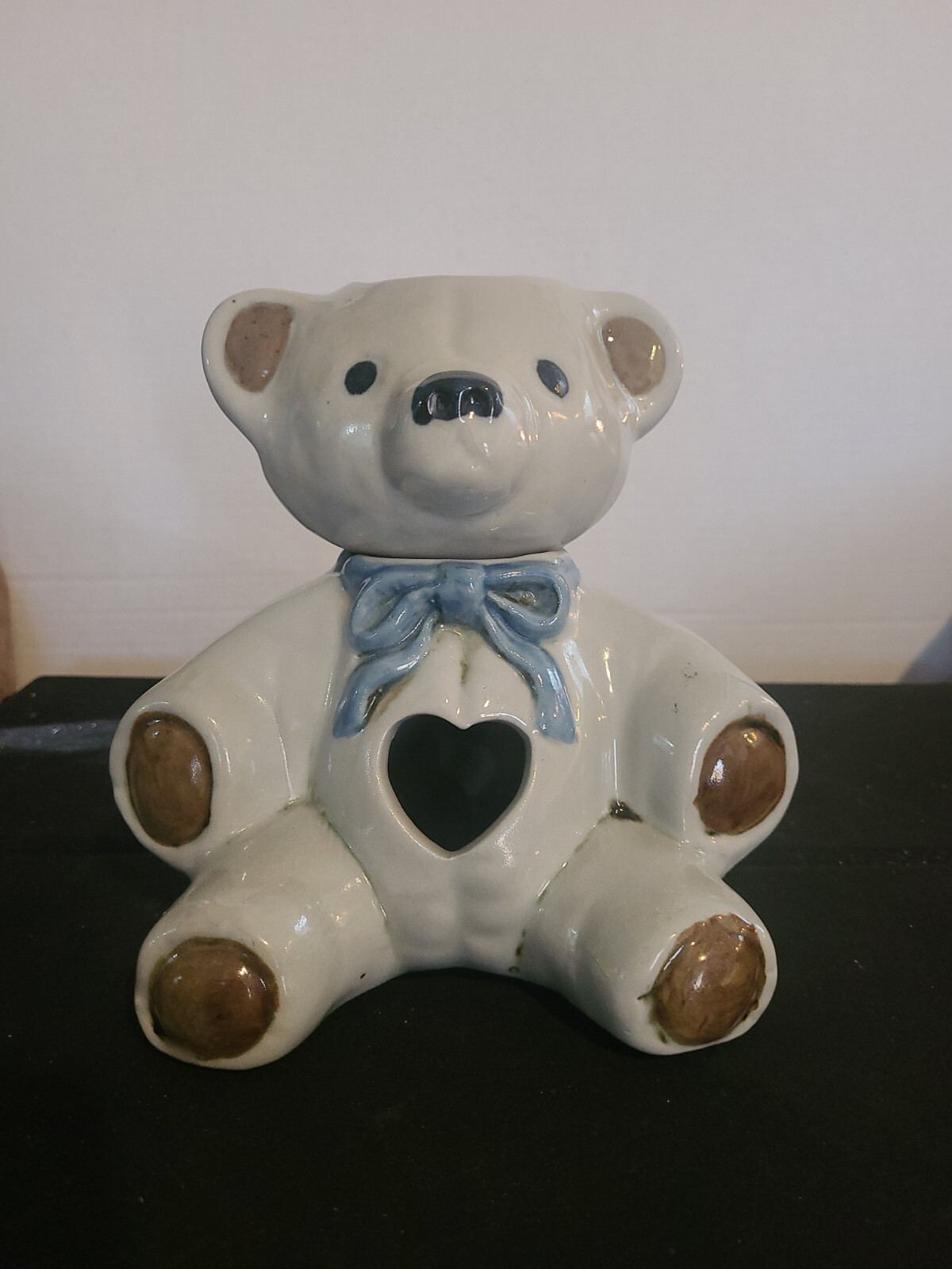 Vintage Hand-Painted Ceramic Teddy Bear Candle Holder Tealight Signed 8″ heart