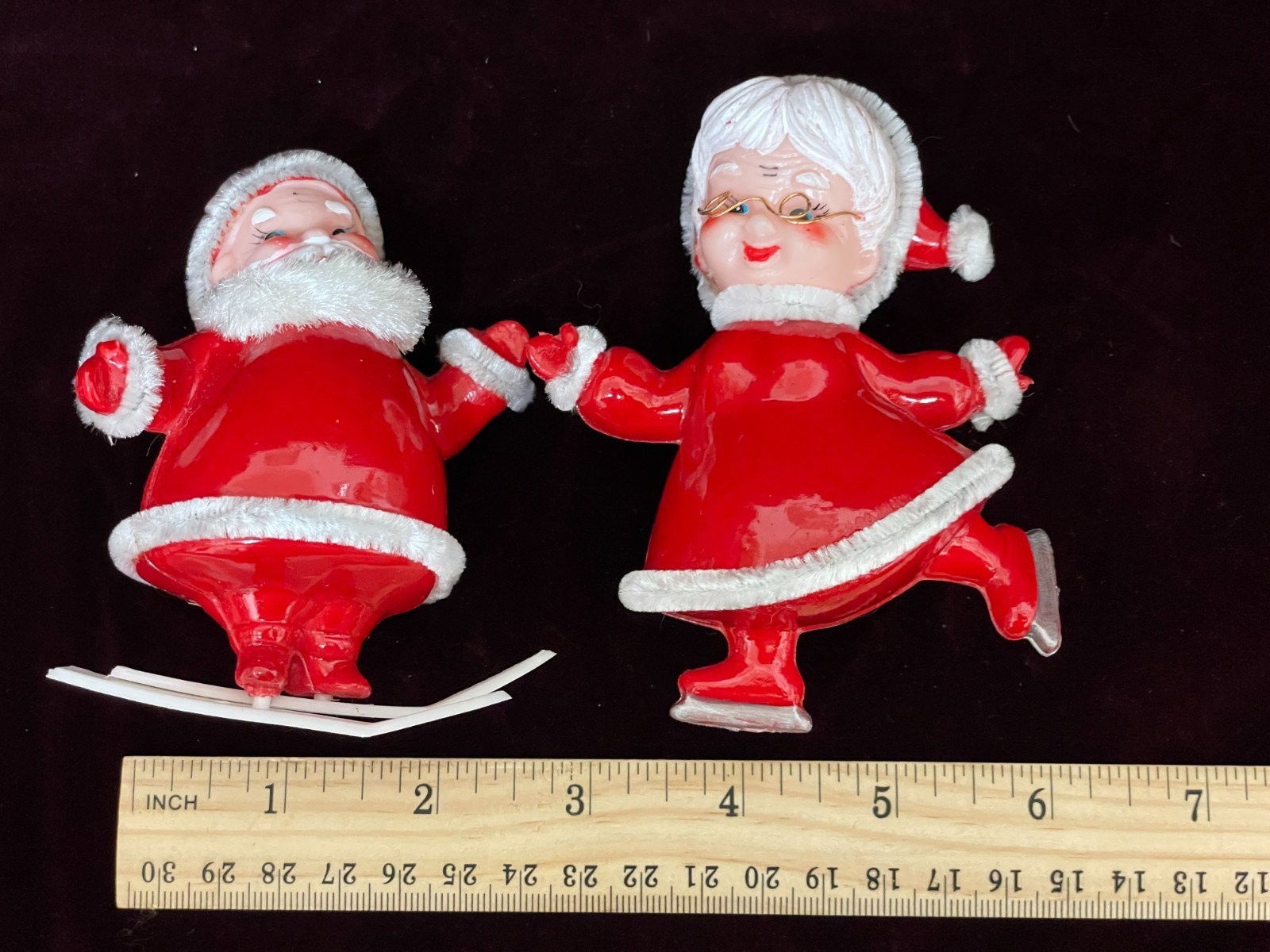 Vtg Snow Skiing Santa and Ice Skating Mrs Claus Plastic Japan Ornaments MCM