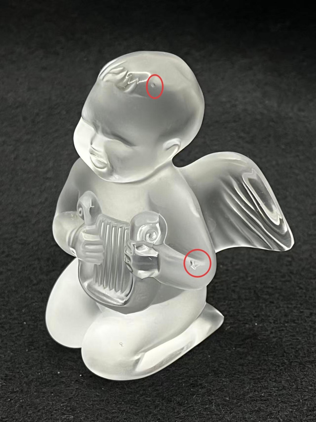 Lalique France Frosted Crystal Cherub/Angel Playing Lyre Figurine 3.3in Tall