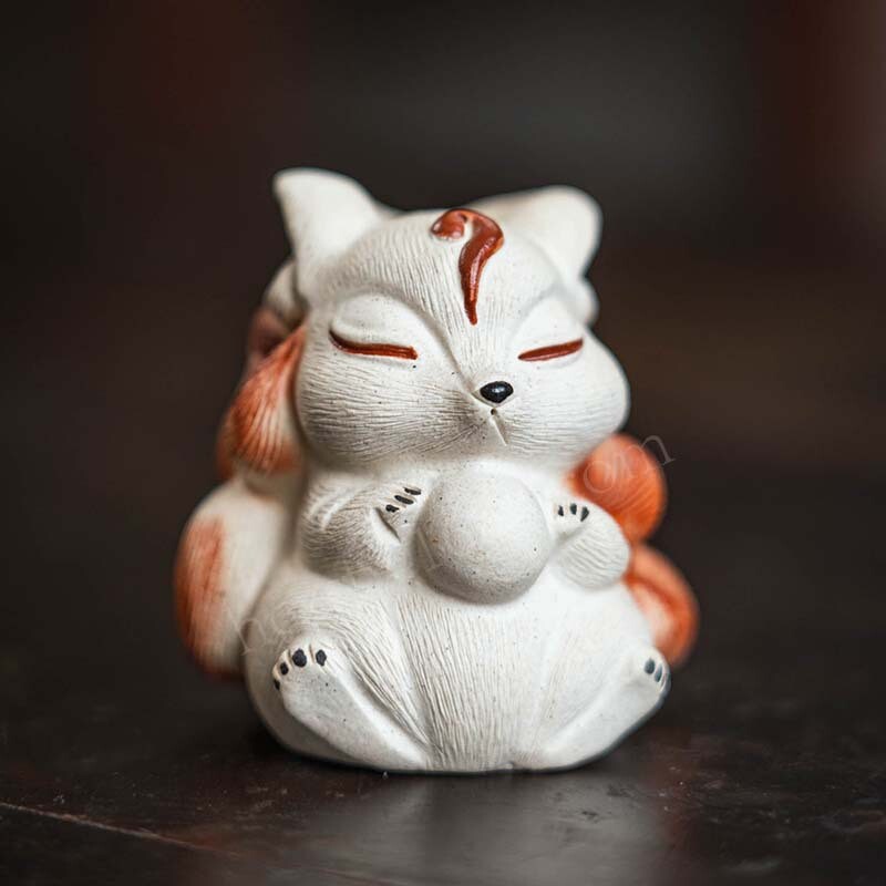 Chinese Yixing Zisha Tea Pet, 1.9″ White Natural Clay Handmade Nine-tailed Fox