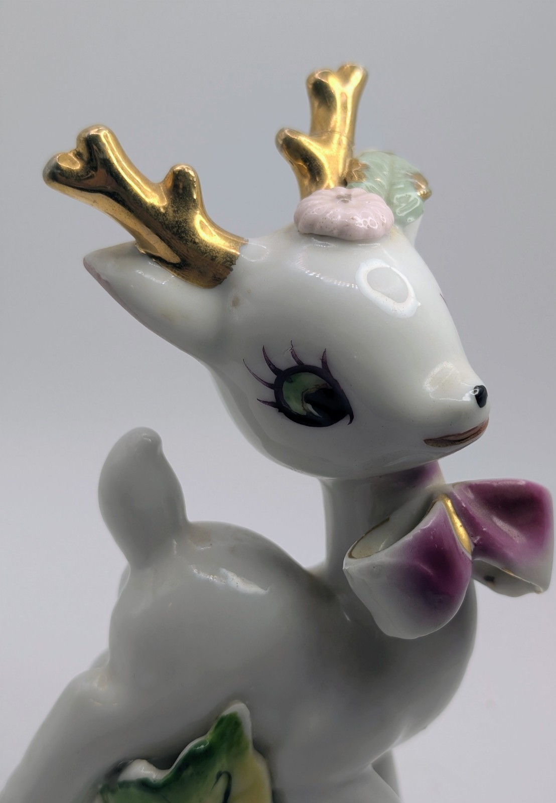 Vintage Napco Ceramic Deer Figurine Big Eye Fawn 5″ Japan Kitsch Purple Bow