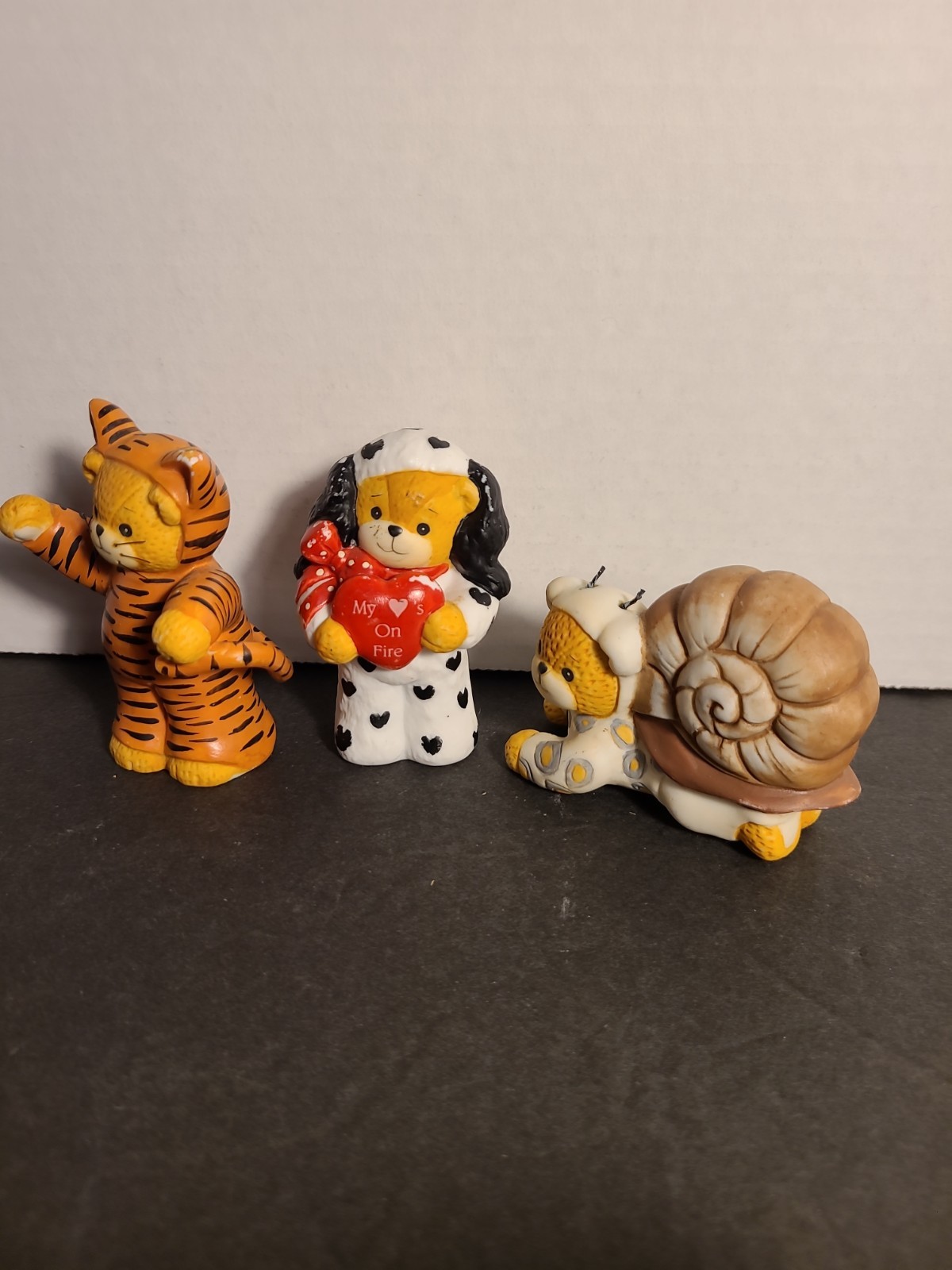 1980’s Set Of 3 Lucy & Me Porcelain Figurines In Costumes Dog, Tiger & Snail