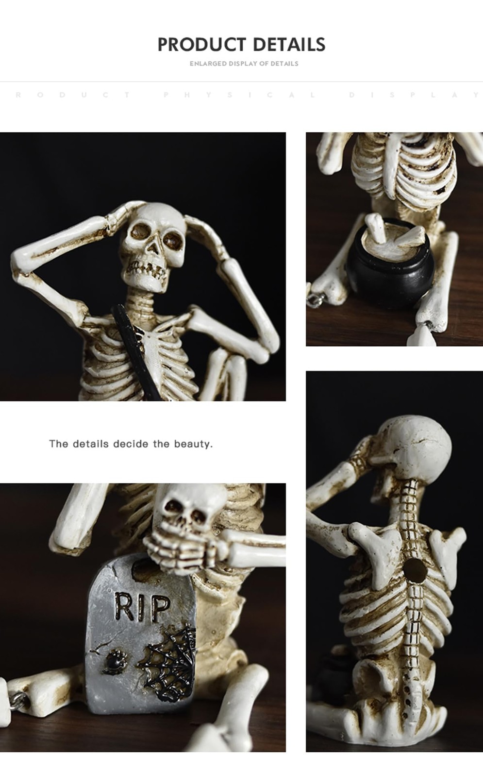 Set of 3 Skeleton Statues, Horror Skull Halloween Resin Decor, See/Hear/Speak…