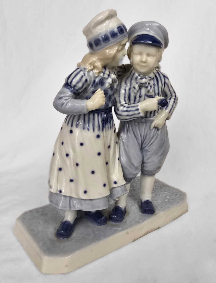 8″ Vintage Blue White Porcelain Dutch Boy Girl Figurine Delft Style, Europe