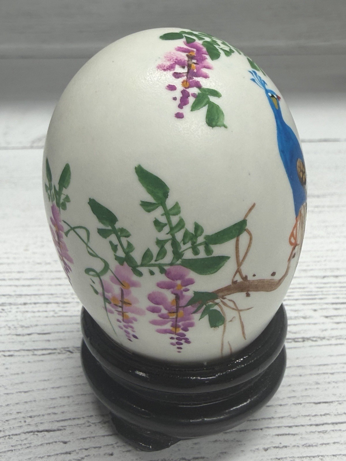 Vintage Hand Painted Egg – Peacock – Birds and Flowers With Display Case