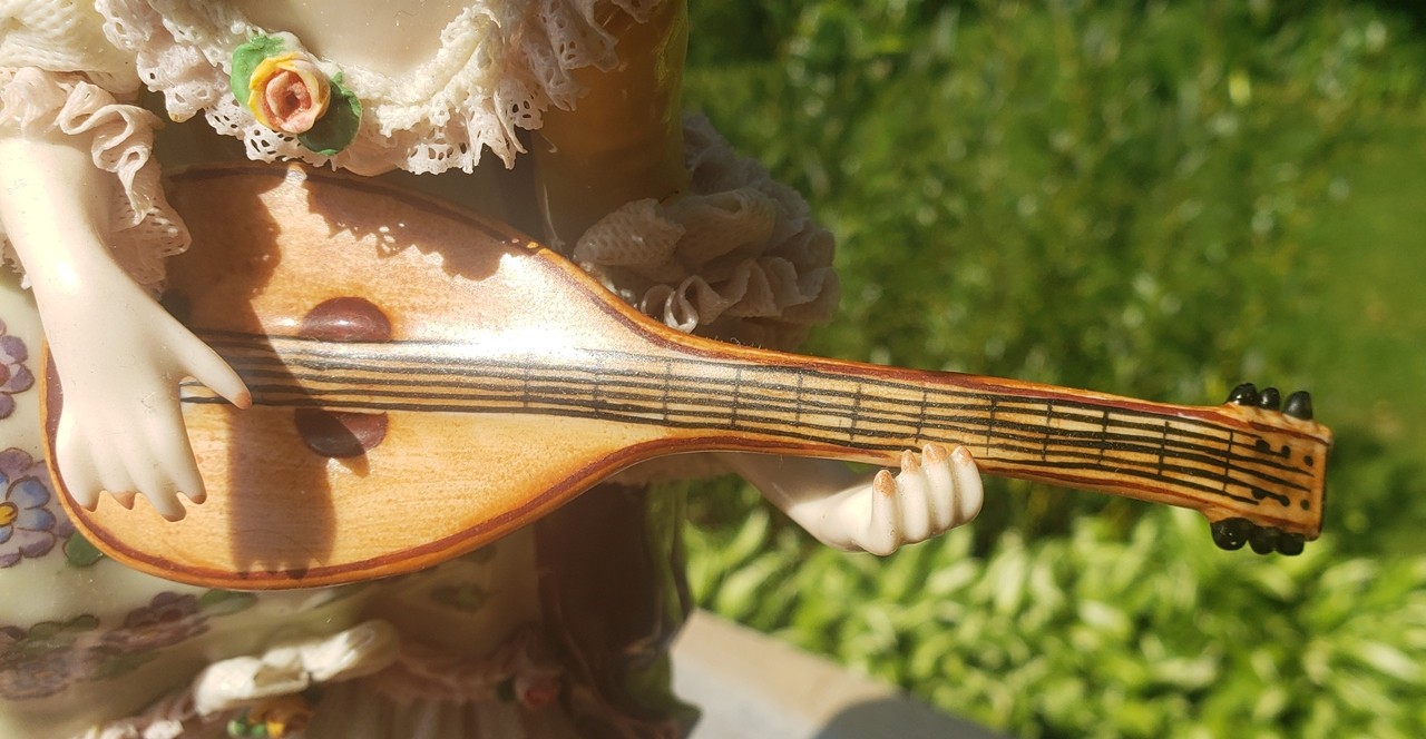 Vtg Dresden Porcelain Lace Woman Lady Parrot Bird Mandolin Figurine 9 5/8″