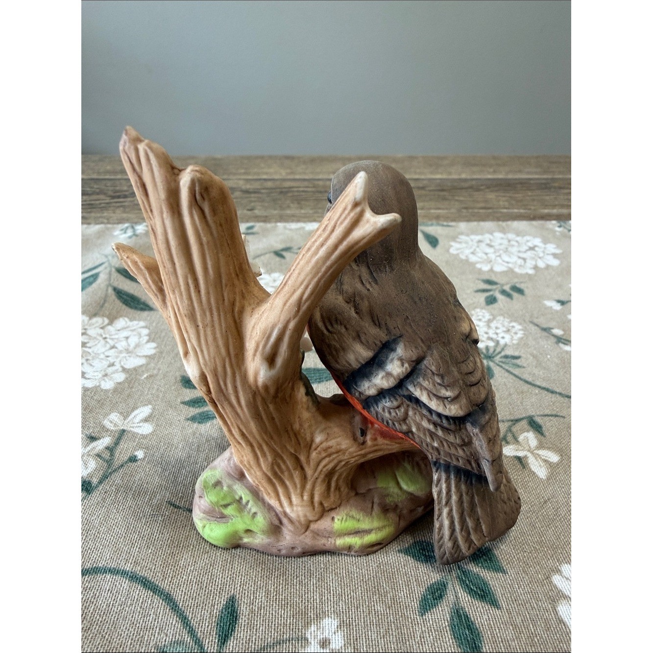 VTG Decorative Bird Figurine with Orange Chest and White Flowers Adorable!