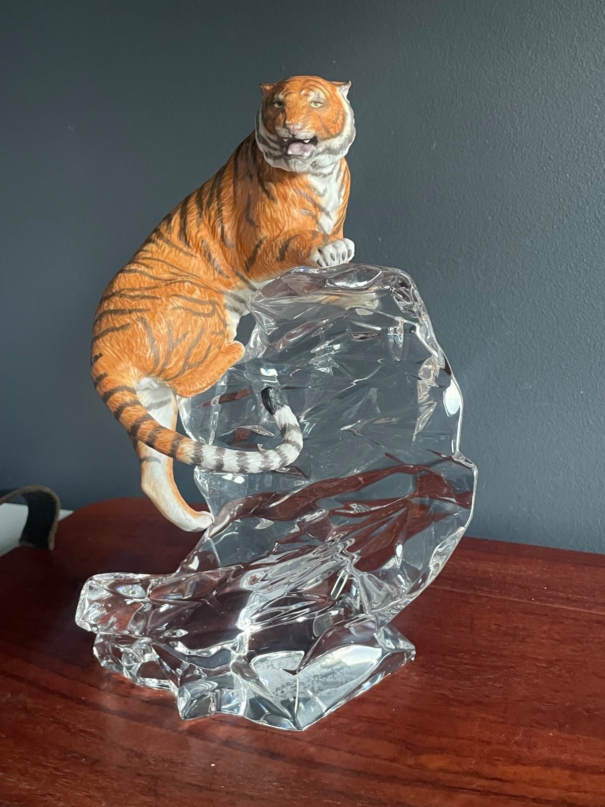 Large Tiger Figurine on Crystal Iceberg Base Wildlife Statue 11” Decorative