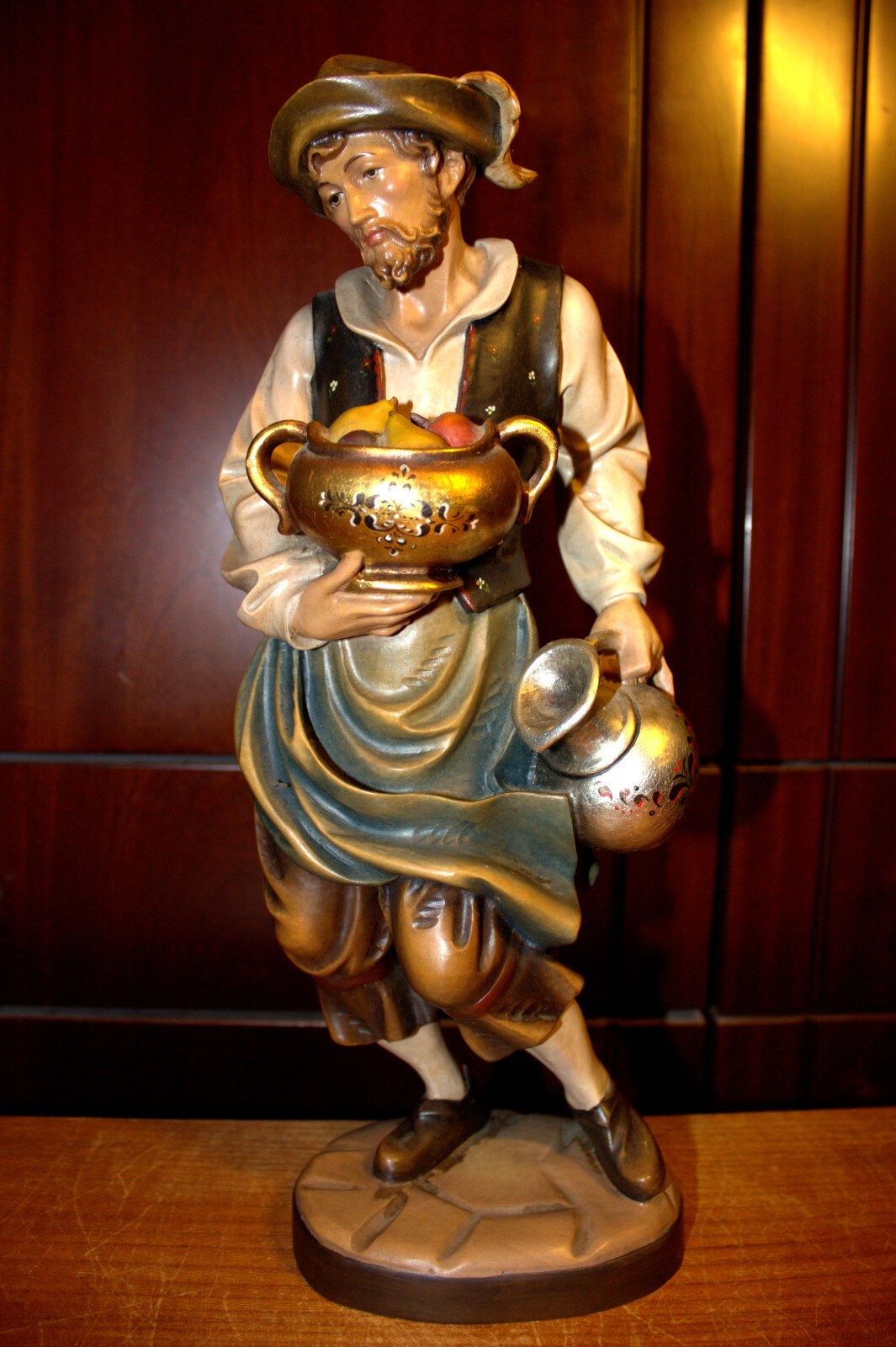 15″ HAND CARVED WOOD CARVING BOY MAN SERVANT FRUITS WINE STATUE FIGURE SCULPTURE