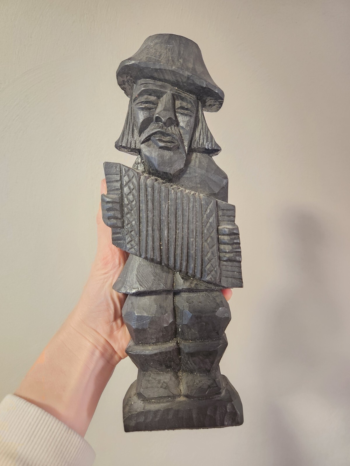 Vintage Hand Carved Wood Folk Art Accordion Player Figure Swiss German 10″ Tall